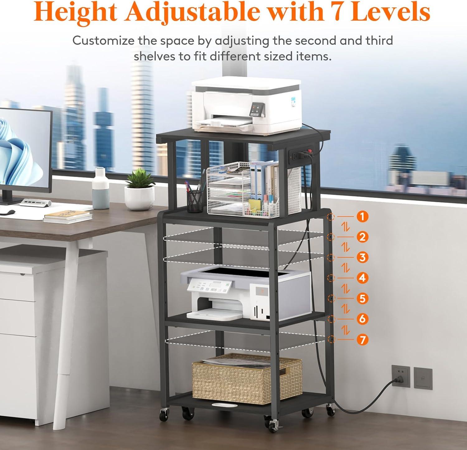 imageLifewit 4 Tier Printer Stand with 3 Power Outlets Wheels and Adjustable Storage Shelf for Home Office Rolling Printer Cart for Shredder Scanner Fax Rustic BrownBlack
