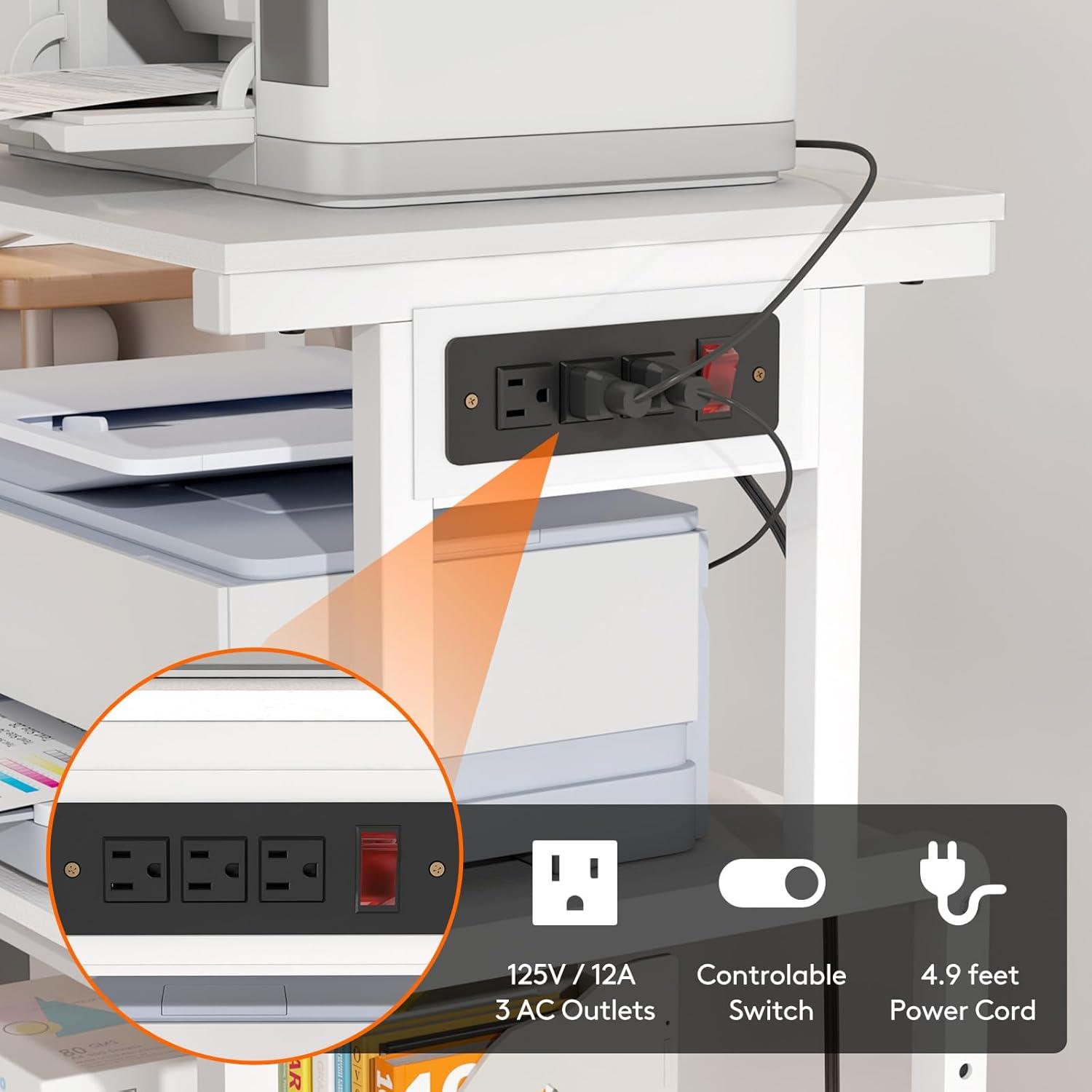 imageLifewit 4 Tier Printer Stand with 3 Power Outlets Wheels and Adjustable Storage Shelf for Home Office Rolling Printer Cart for Shredder Scanner Fax Rustic BrownWhite