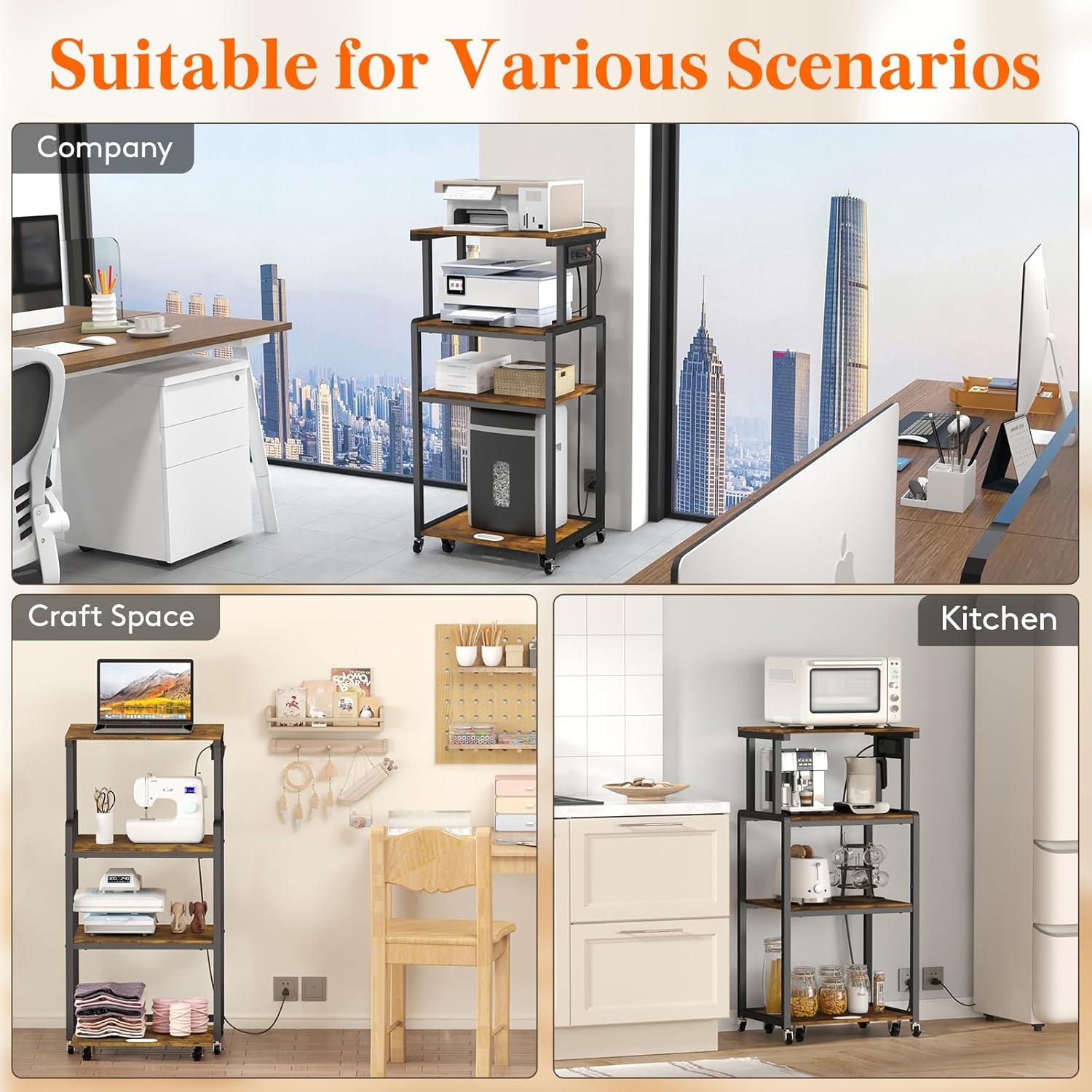 imageLifewit 4 Tier Printer Stand with 3 Power Outlets Wheels and Adjustable Storage Shelf for Home Office Rolling Printer Cart for Shredder Scanner Fax Rustic BrownRustic Brown