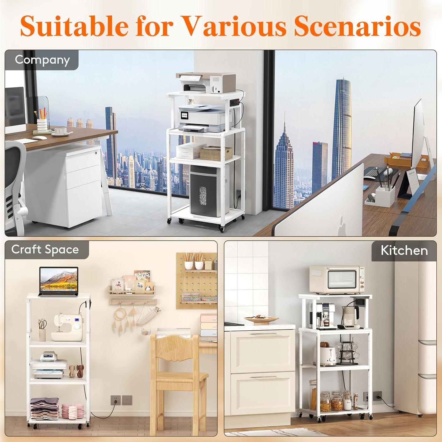 imageLifewit 4 Tier Printer Stand with 3 Power Outlets Wheels and Adjustable Storage Shelf for Home Office Rolling Printer Cart for Shredder Scanner Fax Rustic BrownWhite