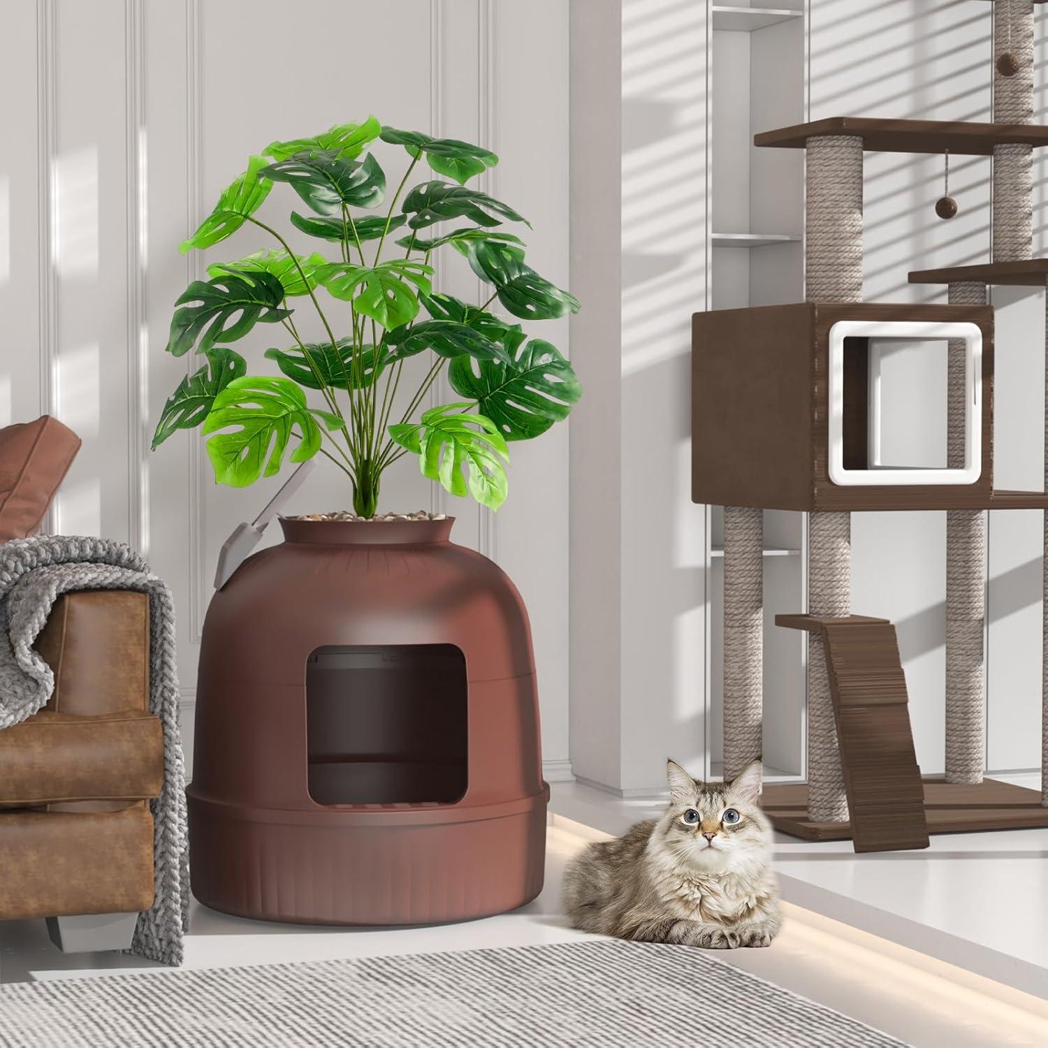 imageLifewit Litter Box Cat with Faux Plant ampamp Scoop Hidden Enclosure Litter Tray with Odor Control ampamp Carbon Filter in Living Room Bedroom Corner BlackBrown