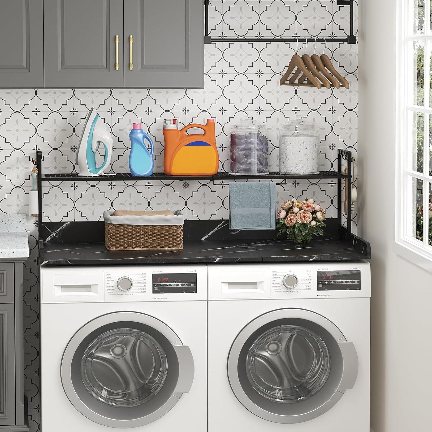 imageLifewit Washer Dryer Countertop with Adjustable Shelf Splice Type 54quot x 275quot Melamine Cover for The Top with Edge Rails Towel Rack 8 Hooks Laundry Room Storage and Organization BlackBlack Marble