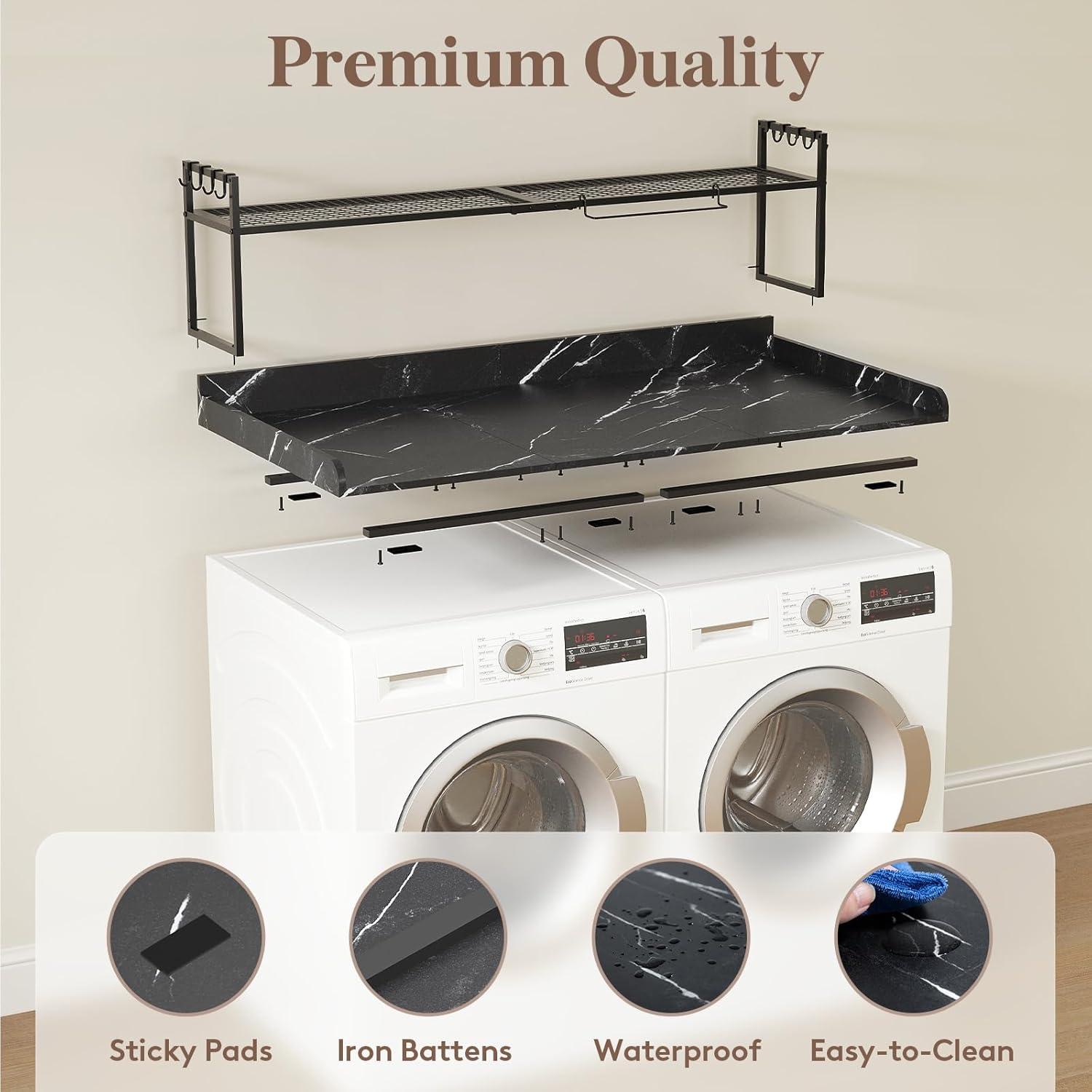 imageLifewit Washer Dryer Countertop with Adjustable Shelf Splice Type 54quot x 275quot Melamine Cover for The Top with Edge Rails Towel Rack 8 Hooks Laundry Room Storage and Organization BlackBlack Marble