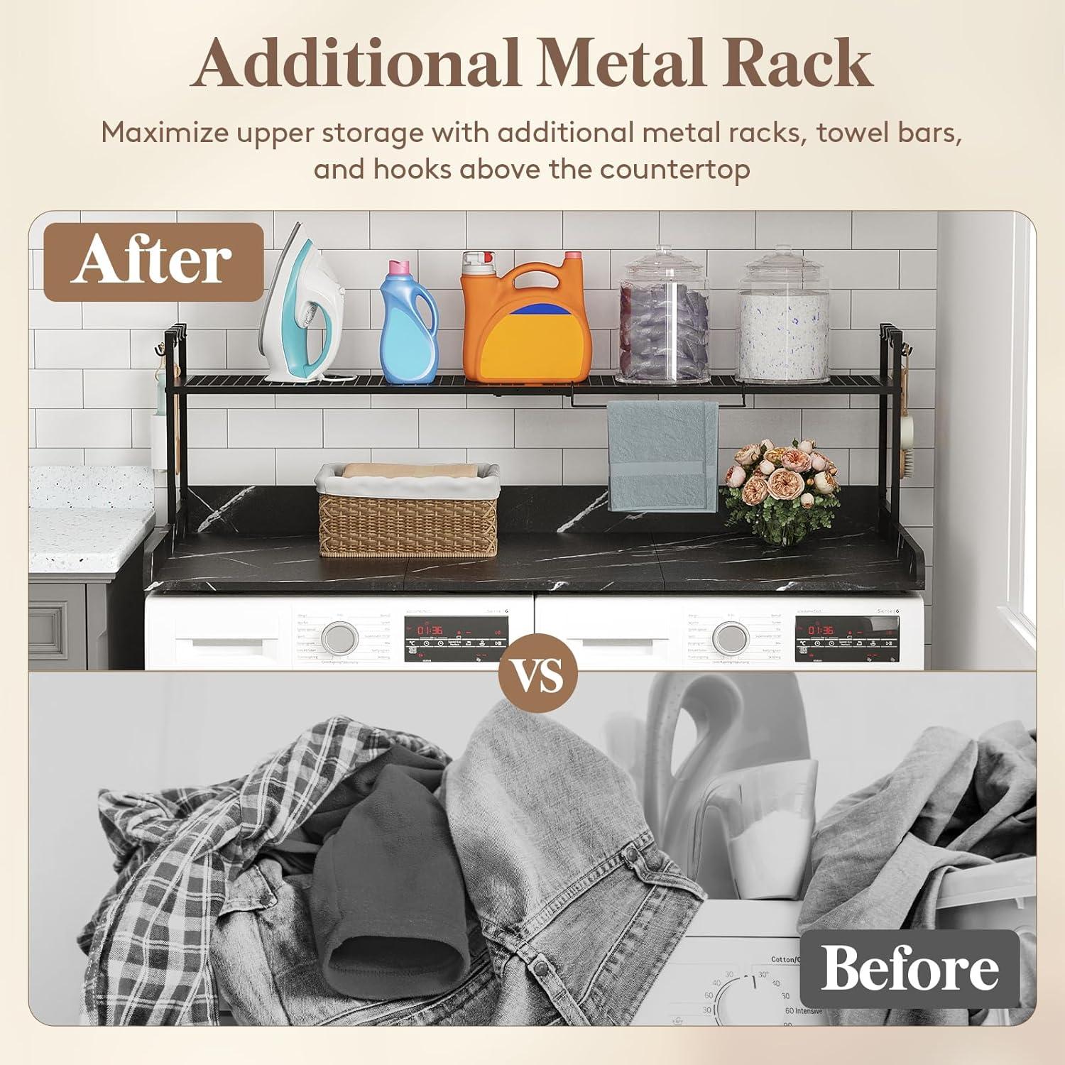 imageLifewit Washer Dryer Countertop with Adjustable Shelf Splice Type 54quot x 275quot Melamine Cover for The Top with Edge Rails Towel Rack 8 Hooks Laundry Room Storage and Organization BlackBlack Marble