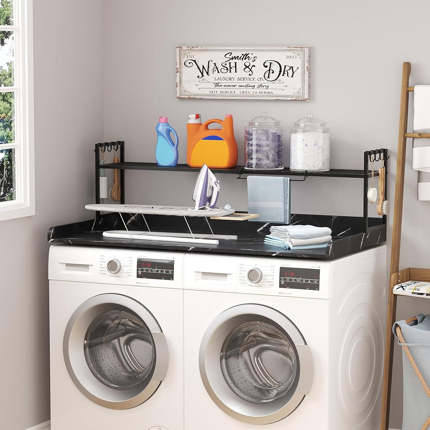 imageLifewit Washer Dryer Countertop with Adjustable Shelf Splice Type 54quot x 275quot Melamine Cover for The Top with Edge Rails Towel Rack 8 Hooks Laundry Room Storage and Organization BlackBlack Marble