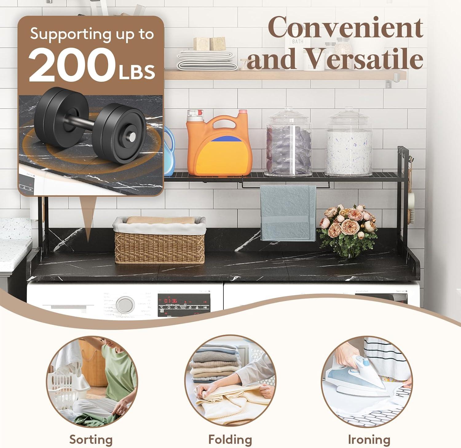 imageLifewit Washer Dryer Countertop with Adjustable Shelf Splice Type 54quot x 275quot Melamine Cover for The Top with Edge Rails Towel Rack 8 Hooks Laundry Room Storage and Organization BlackBlack Marble