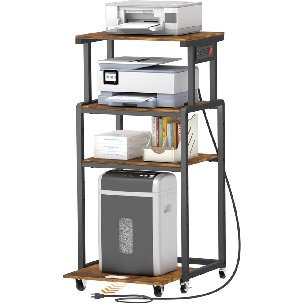 imageLifewit 4 Tier Printer Stand with 3 Power Outlets Wheels and Adjustable Storage Shelf for Home Office Rolling Printer Cart for Shredder Scanner Fax Rustic BrownRustic Brown