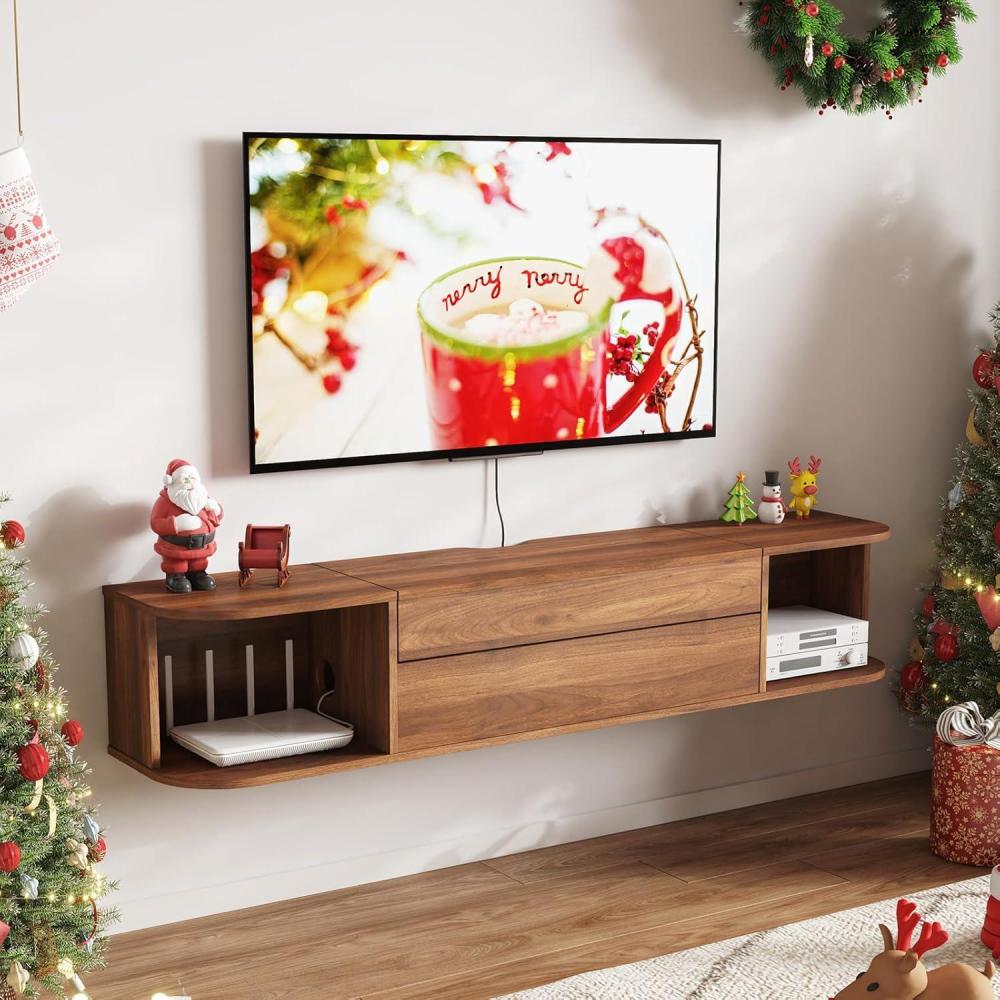 imageLifewit Floating TV Stand for up to 50quot TV Wall Mounted Entertainment Center with Power Outlets and USB Ports Large Storage Space with Sliding Tabletop Open Shelves WhiteWalnut