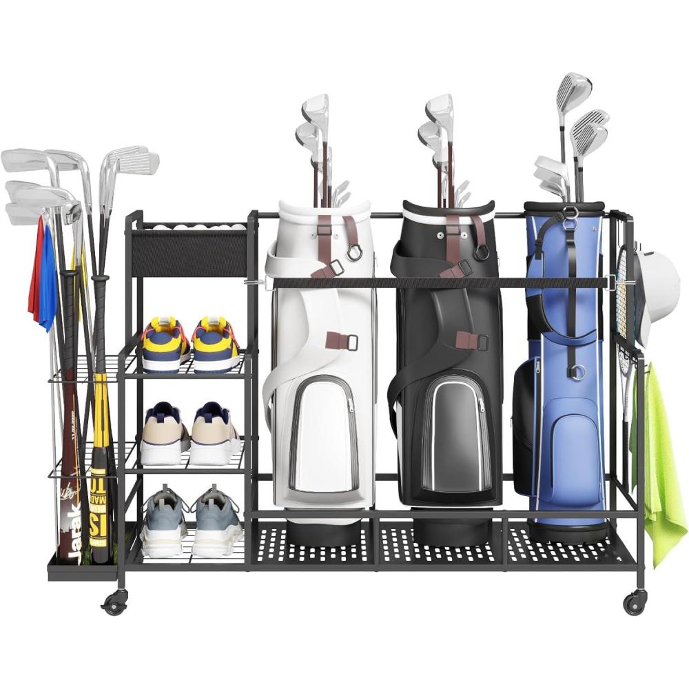 imageLifewit Golf Bag Organizer Golf Bag Stand Golf Club Holder with Wheels 4 Removable Hooks Shoe Racks for Golf Equipment Accessories Golf Organizers and Storage for Garage Basement ShedLarge
