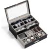 Lifewit 2- layer Sunglasses Organizer with Glass Lid, 6 Slots eyeswear Holder, 6 Slots Watch box, Spaces for Rings, Brooch, Tie Clip, Multiple Eyeglasses Display Case for Men, Gift Idea, Inky Black