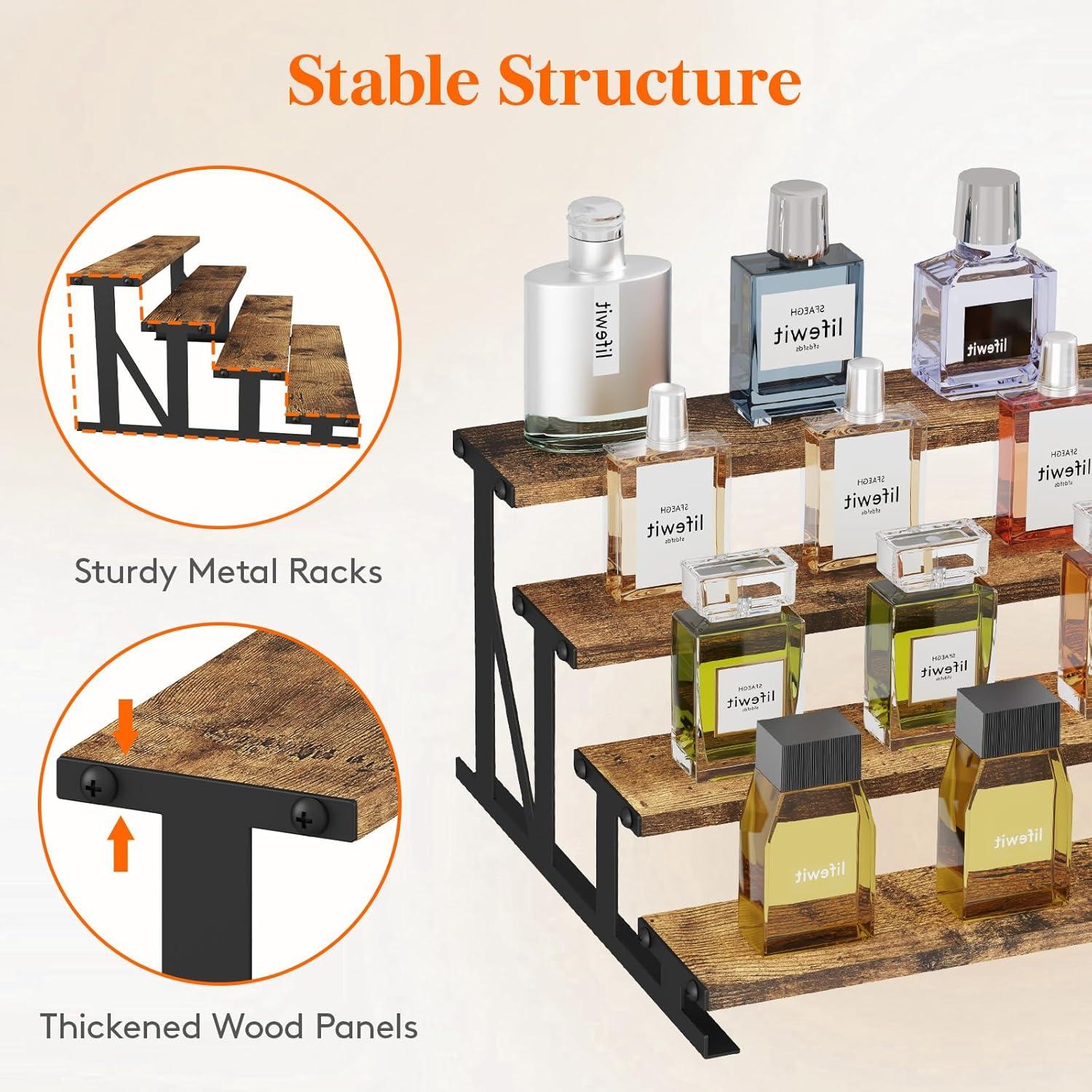 imageLifewit 139 Inch Cologne Organizer for Men 4 Tier Wooden Perfume Stand Display Riser Shelf for Fragrance Aftershave Skincare Makeup for Vanity Bedroom Bathroom Storage Rustic Brown 1 Pcs1
