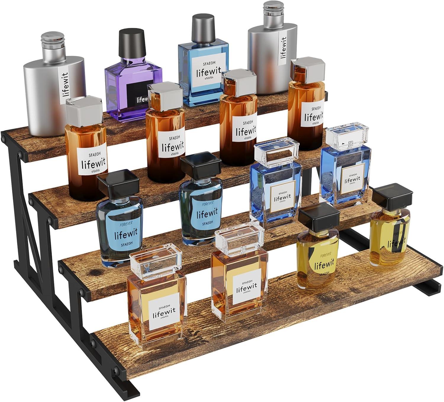 imageLifewit 139 Inch Cologne Organizer for Men 4 Tier Wooden Perfume Stand Display Riser Shelf for Fragrance Aftershave Skincare Makeup for Vanity Bedroom Bathroom Storage Rustic Brown 1 Pcs1