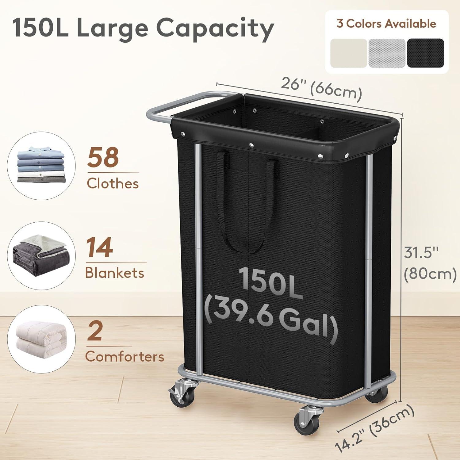 imageLifewit 150L Large Laundry Basket with Wheels Tall 2 Section Laundry Hamper Organizer Rolling Laundry Cart with Steel Frame ampamp Removable Bag for Luandry Room Bathroom Bedroom WhiteBlack