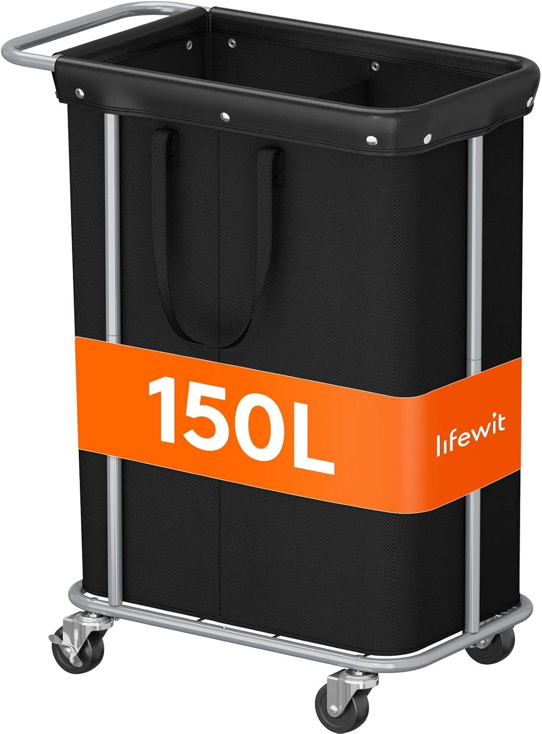 imageLifewit 150L Large Laundry Basket with Wheels Tall 2 Section Laundry Hamper Organizer Rolling Laundry Cart with Steel Frame ampamp Removable Bag for Luandry Room Bathroom Bedroom WhiteBlack