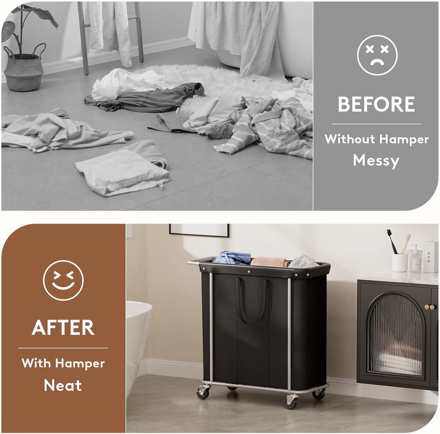 imageLifewit 150L Large Laundry Basket with Wheels Tall 2 Section Laundry Hamper Organizer Rolling Laundry Cart with Steel Frame ampamp Removable Bag for Luandry Room Bathroom Bedroom WhiteBlack