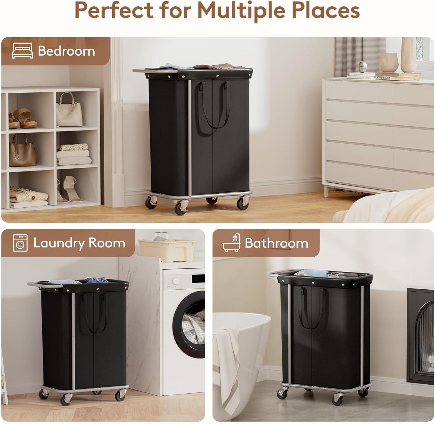 imageLifewit 150L Large Laundry Basket with Wheels Tall 2 Section Laundry Hamper Organizer Rolling Laundry Cart with Steel Frame ampamp Removable Bag for Luandry Room Bathroom Bedroom WhiteBlack