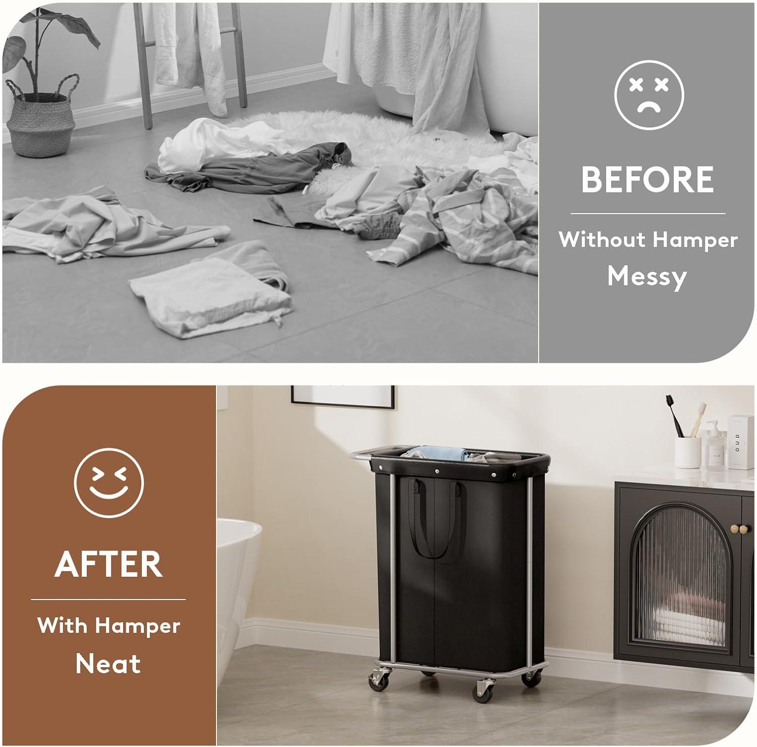 imageLifewit 150L Large Laundry Basket with Wheels Tall 2 Section Laundry Hamper Organizer Rolling Laundry Cart with Steel Frame ampamp Removable Bag for Luandry Room Bathroom Bedroom WhiteBlack