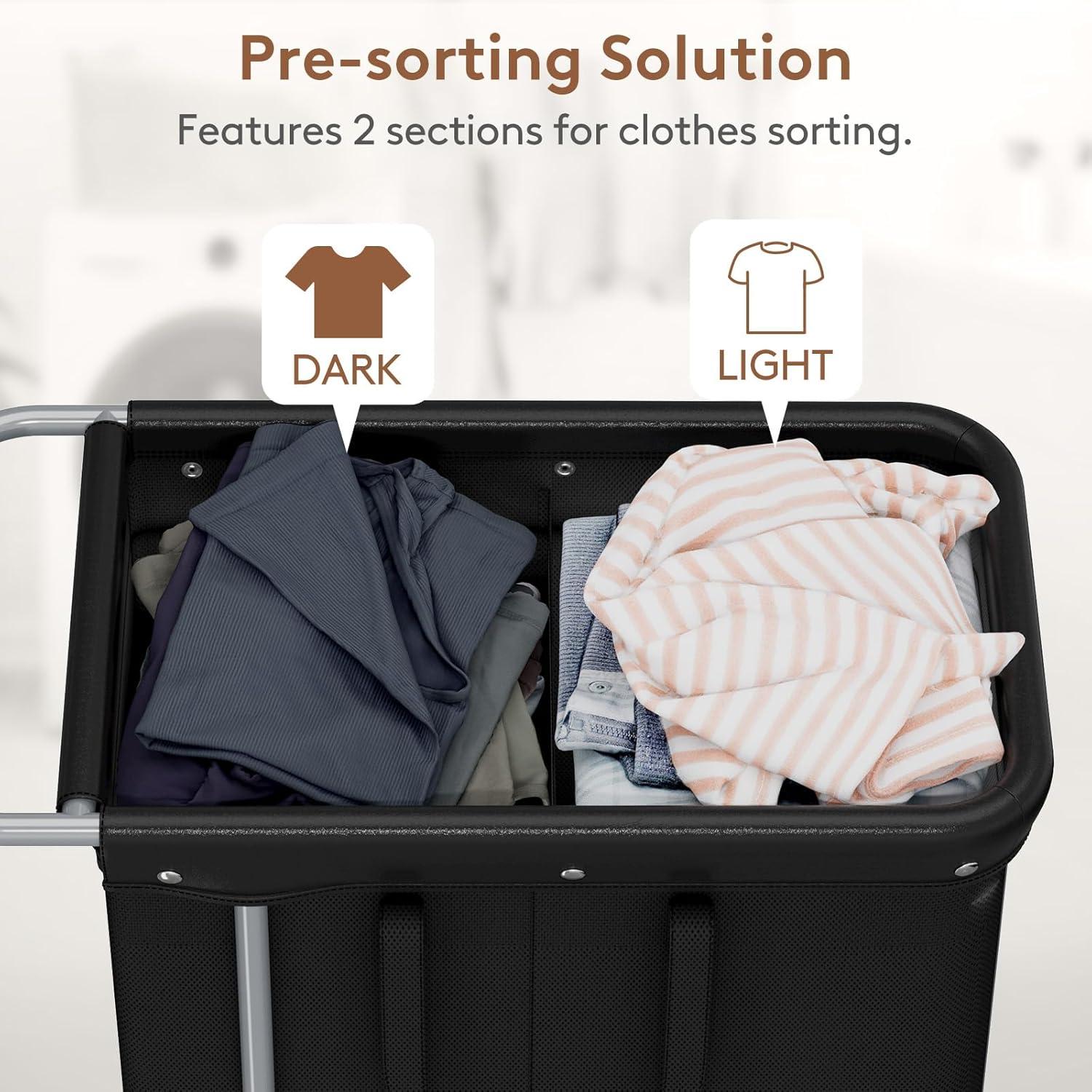 imageLifewit 150L Large Laundry Basket with Wheels Tall 2 Section Laundry Hamper Organizer Rolling Laundry Cart with Steel Frame ampamp Removable Bag for Luandry Room Bathroom Bedroom WhiteBlack