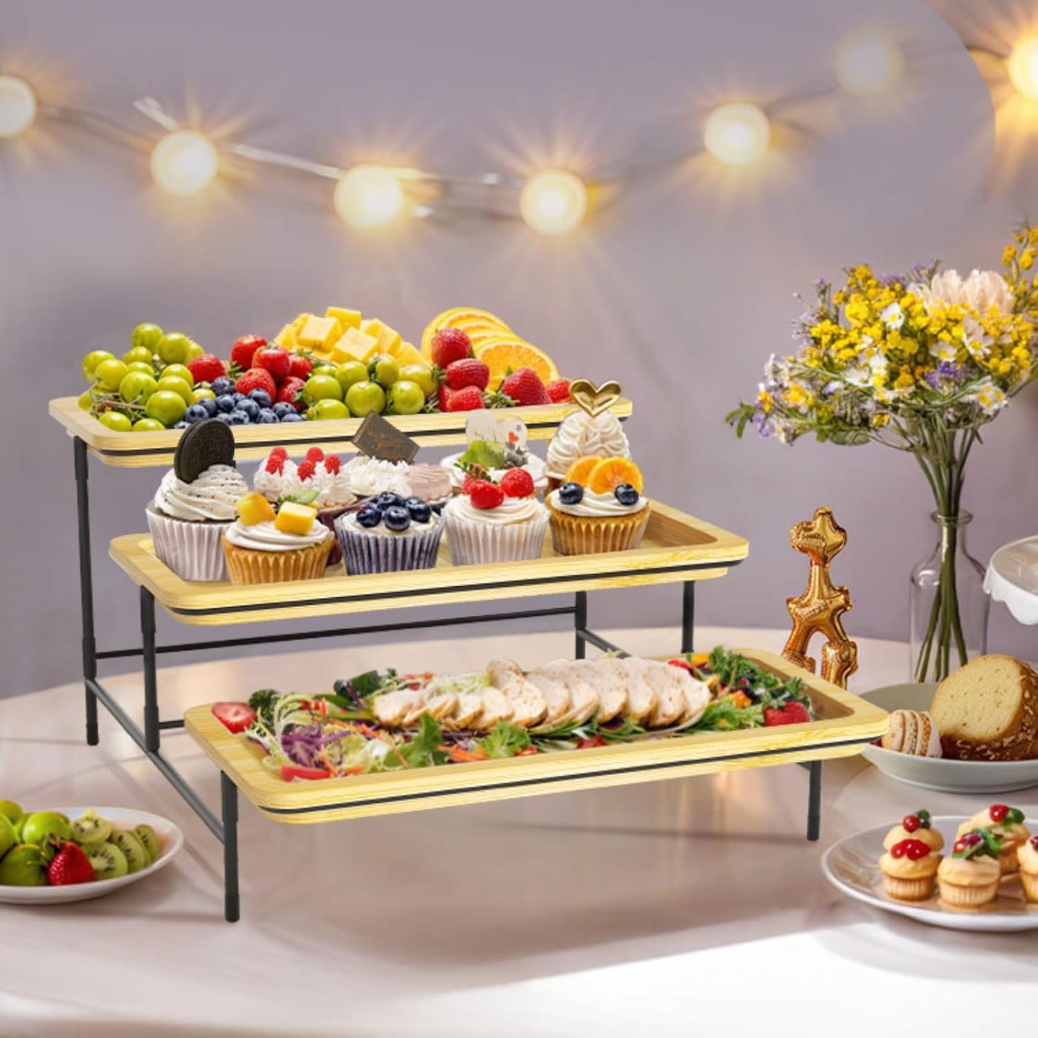 imageLifewit 3 Tier Bamboo Serving Tray for Party Supplies 12quot x 65quot Platters for Serving Food Reusable Trays with Black Metal Display Stand for Veggie Fruit Cookies DessertBlack