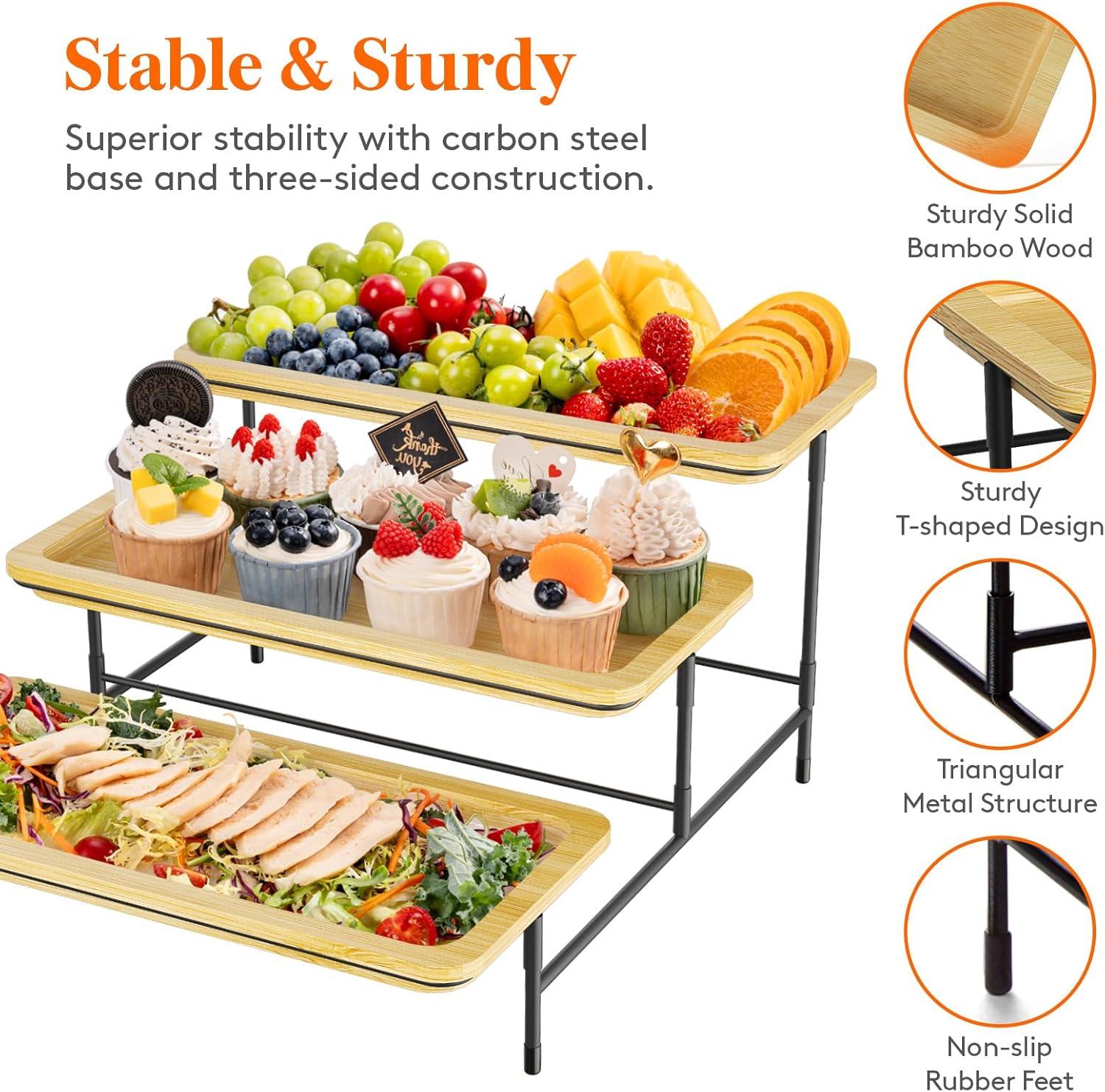 imageLifewit 3 Tier Bamboo Serving Tray for Party Supplies 12quot x 65quot Platters for Serving Food Reusable Trays with Black Metal Display Stand for Veggie Fruit Cookies DessertBlack