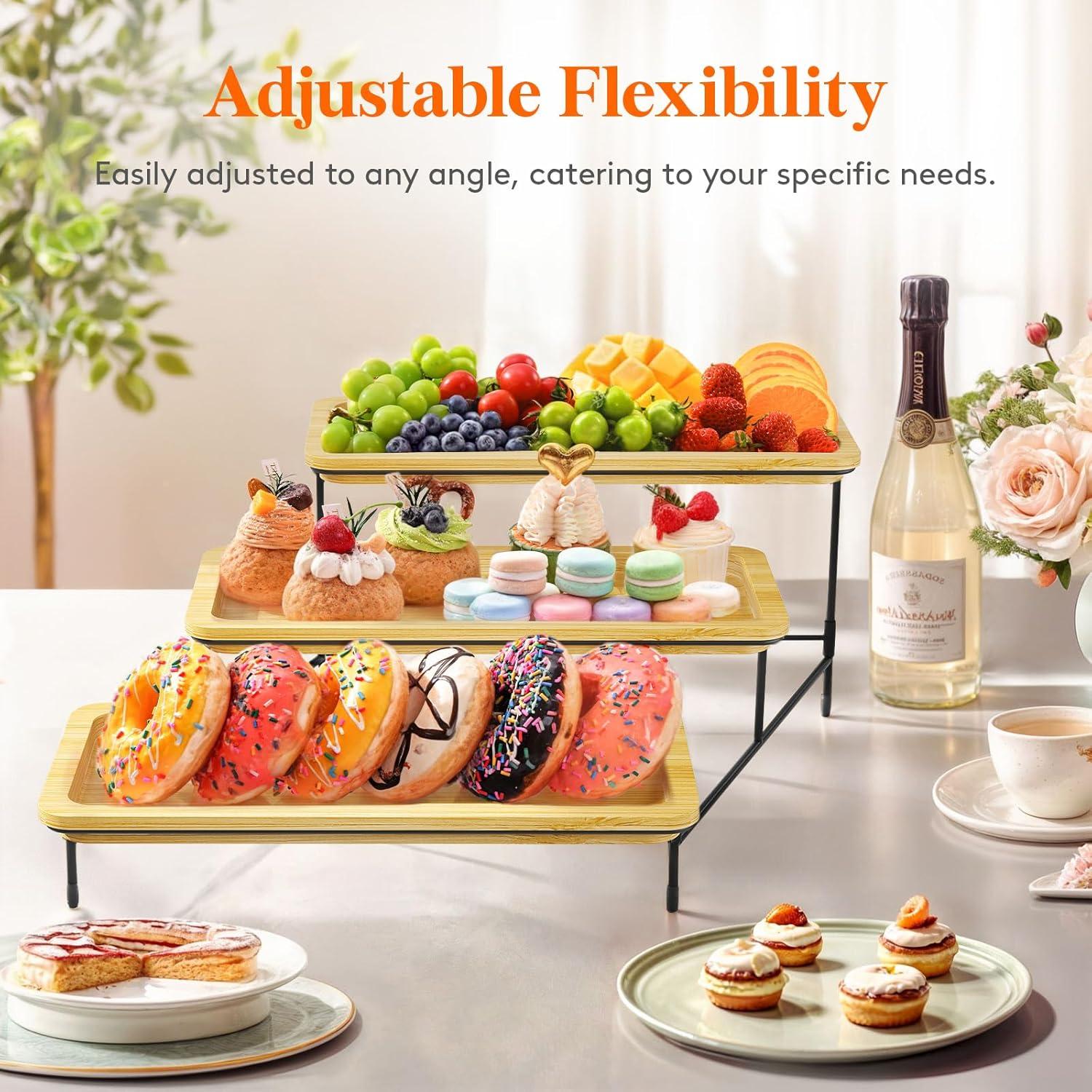 imageLifewit 3 Tier Bamboo Serving Tray for Party Supplies 12quot x 65quot Platters for Serving Food Reusable Trays with Black Metal Display Stand for Veggie Fruit Cookies DessertBlack