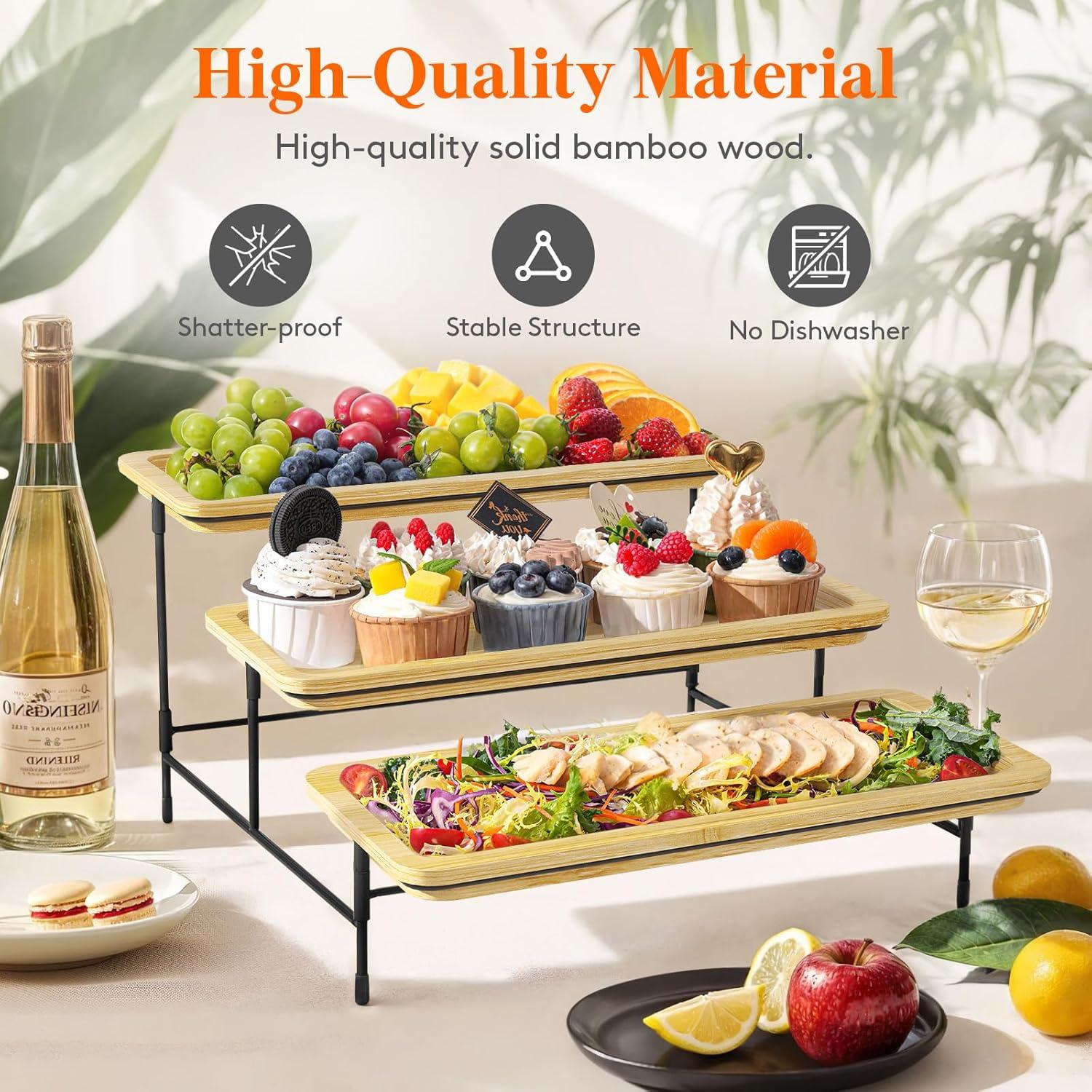 imageLifewit 3 Tier Bamboo Serving Tray for Party Supplies 12quot x 65quot Platters for Serving Food Reusable Trays with Black Metal Display Stand for Veggie Fruit Cookies DessertBlack