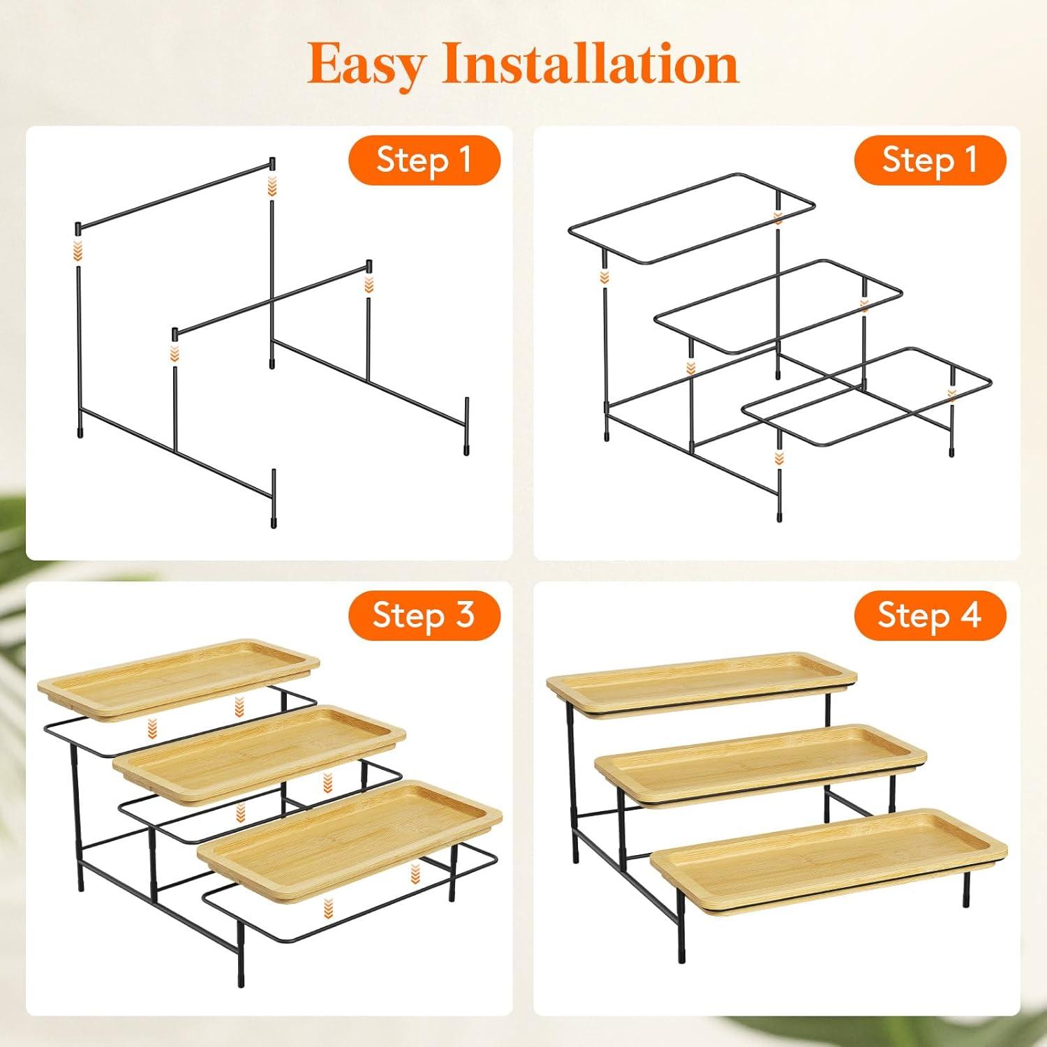 imageLifewit 3 Tier Bamboo Serving Tray for Party Supplies 12quot x 65quot Platters for Serving Food Reusable Trays with Black Metal Display Stand for Veggie Fruit Cookies DessertBlack