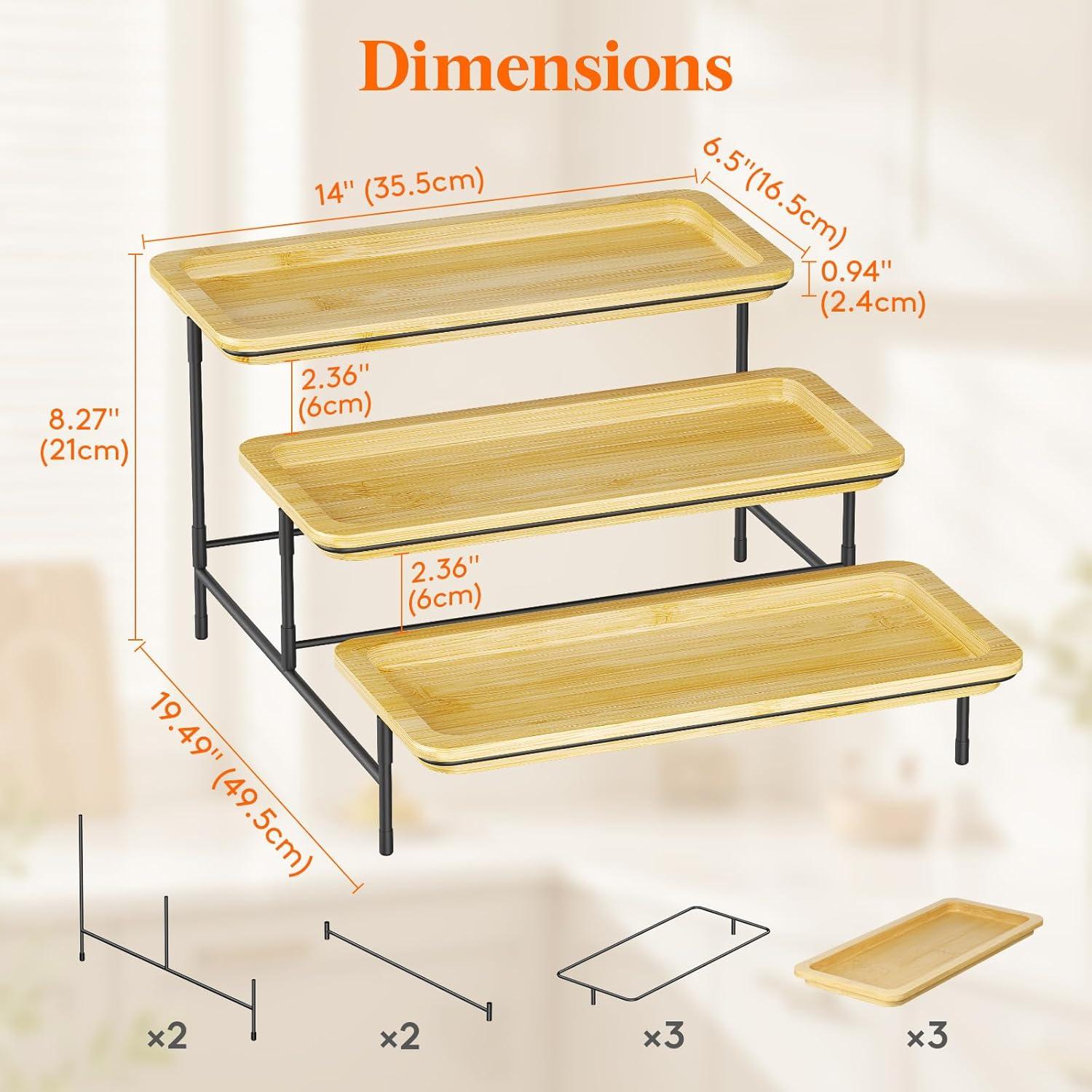imageLifewit 3 Tier Bamboo Serving Tray for Party Supplies 12quot x 65quot Platters for Serving Food Reusable Trays with Black Metal Display Stand for Veggie Fruit Cookies DessertBlack