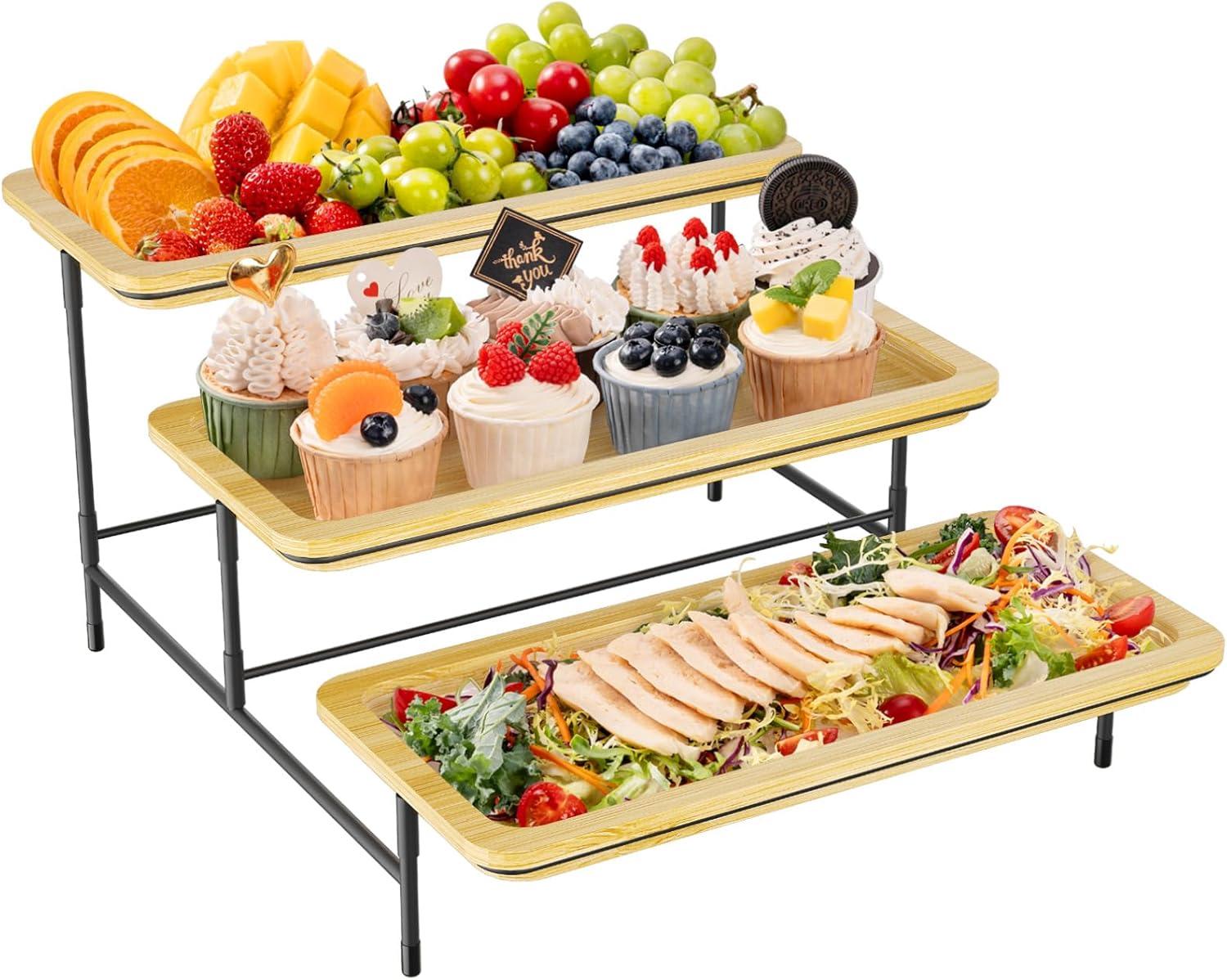 imageLifewit 3 Tier Bamboo Serving Tray for Party Supplies 12quot x 65quot Platters for Serving Food Reusable Trays with Black Metal Display Stand for Veggie Fruit Cookies DessertBlack