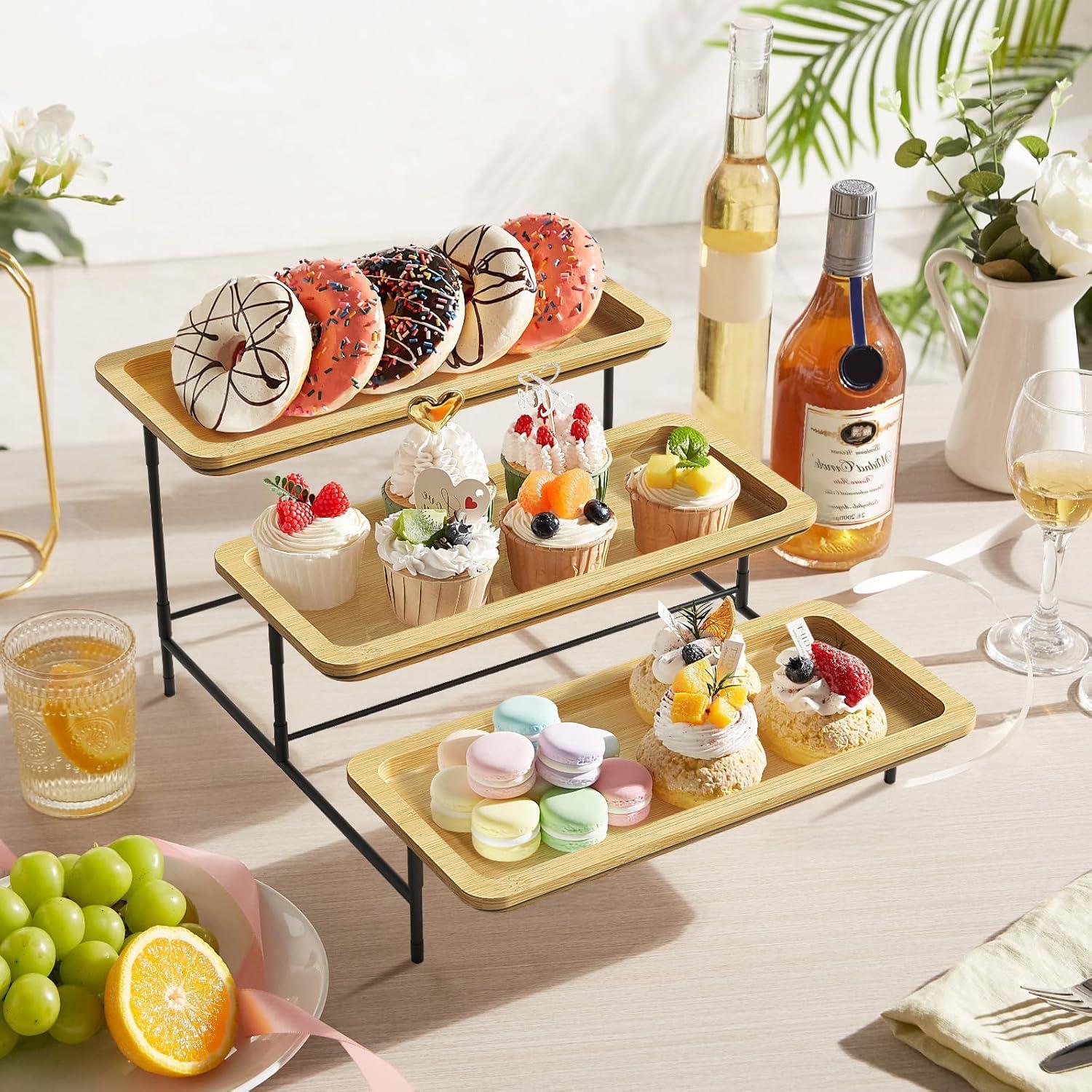 imageLifewit 3 Tier Bamboo Serving Tray for Party Supplies 12quot x 65quot Platters for Serving Food Reusable Trays with Black Metal Display Stand for Veggie Fruit Cookies DessertBlack