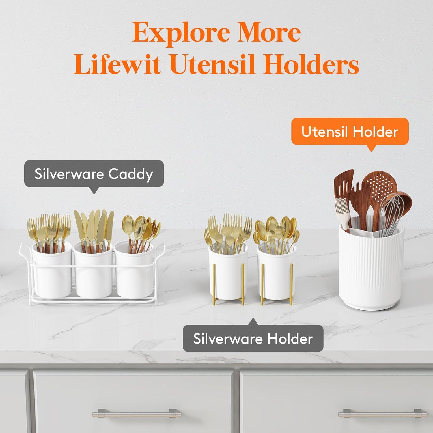 imageLifewit 75quot Plastic Utensil Holder for Kitchen Counter Cooking Silverware Caddy with NonSlip Rotating Base 3 Compartment Spoon Spatula Cutlery Flatware Organizer with Dry Draining White 1 PackWhite