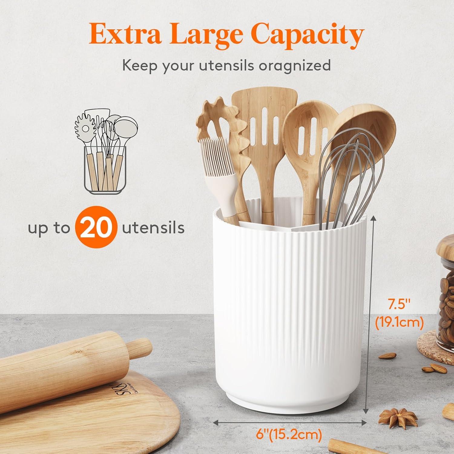 imageLifewit 75quot Plastic Utensil Holder for Kitchen Counter Cooking Silverware Caddy with NonSlip Rotating Base 3 Compartment Spoon Spatula Cutlery Flatware Organizer with Dry Draining White 1 PackWhite