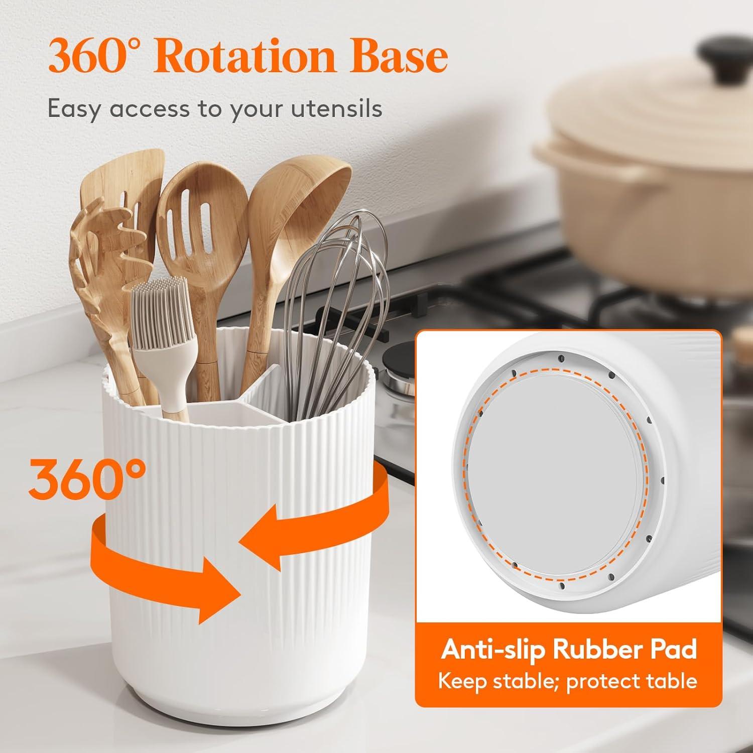 imageLifewit 75quot Plastic Utensil Holder for Kitchen Counter Cooking Silverware Caddy with NonSlip Rotating Base 3 Compartment Spoon Spatula Cutlery Flatware Organizer with Dry Draining White 1 PackWhite