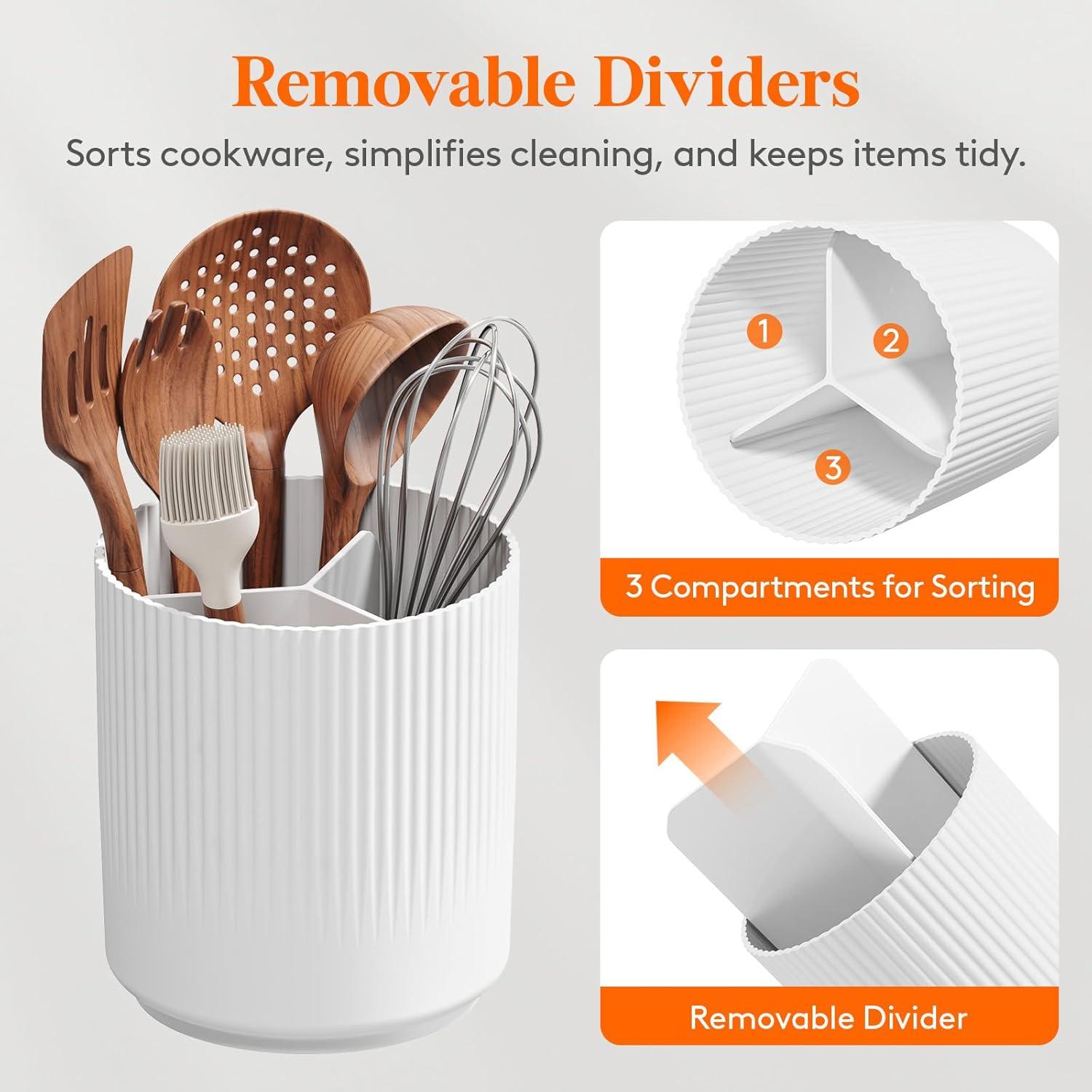 imageLifewit 75quot Plastic Utensil Holder for Kitchen Counter Cooking Silverware Caddy with NonSlip Rotating Base 3 Compartment Spoon Spatula Cutlery Flatware Organizer with Dry Draining White 1 PackWhite