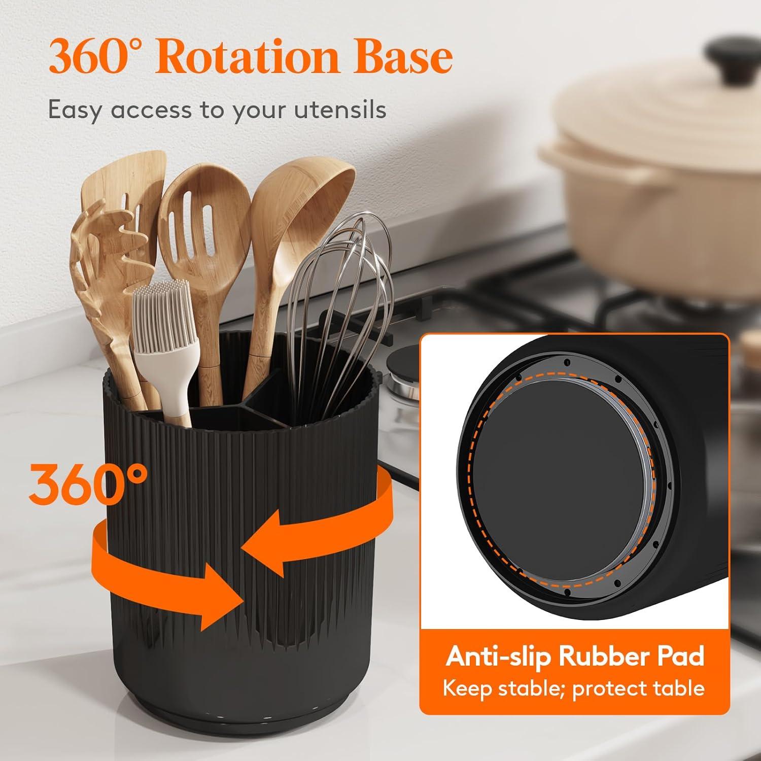 imageLifewit 75quot Plastic Utensil Holder for Kitchen Counter Cooking Silverware Caddy with NonSlip Rotating Base 3 Compartment Spoon Spatula Cutlery Flatware Organizer with Dry Draining White 1 PackBlack