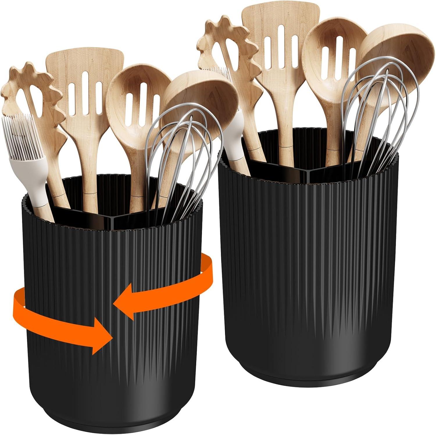 imageLifewit 75quot Plastic Utensil Holder for Kitchen Counter Cooking Silverware Caddy with NonSlip Rotating Base 3 Compartment Spoon Spatula Cutlery Flatware Organizer with Dry Draining White 1 PackBlack