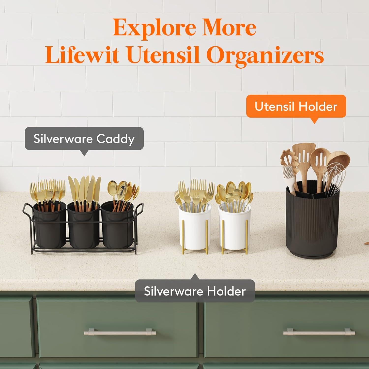 imageLifewit 75quot Plastic Utensil Holder for Kitchen Counter Cooking Silverware Caddy with NonSlip Rotating Base 3 Compartment Spoon Spatula Cutlery Flatware Organizer with Dry Draining White 1 PackBlack
