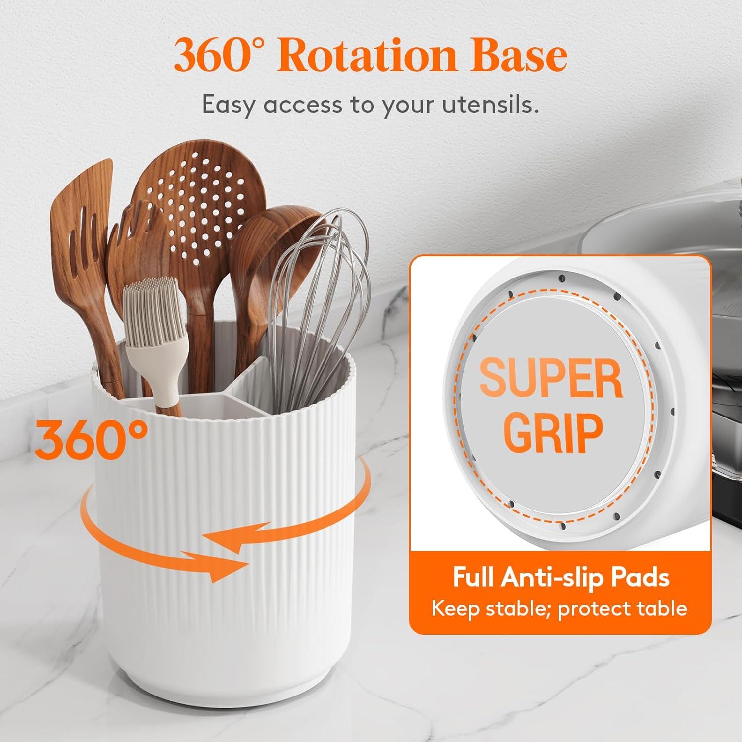 imageLifewit 75quot Plastic Utensil Holder for Kitchen Counter Cooking Silverware Caddy with NonSlip Rotating Base 3 Compartment Spoon Spatula Cutlery Flatware Organizer with Dry Draining White 1 PackWhite