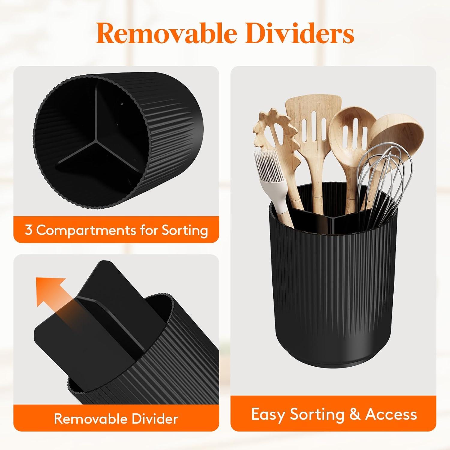 imageLifewit 75quot Plastic Utensil Holder for Kitchen Counter Cooking Silverware Caddy with NonSlip Rotating Base 3 Compartment Spoon Spatula Cutlery Flatware Organizer with Dry Draining White 1 PackBlack