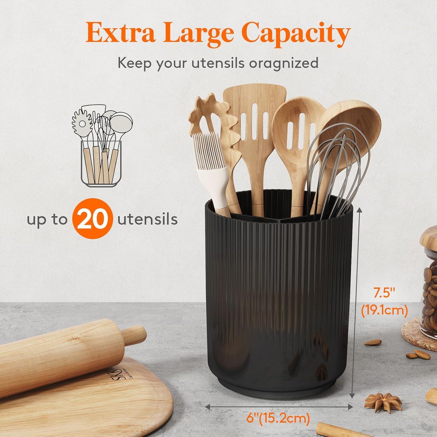 imageLifewit 75quot Plastic Utensil Holder for Kitchen Counter Cooking Silverware Caddy with NonSlip Rotating Base 3 Compartment Spoon Spatula Cutlery Flatware Organizer with Dry Draining White 1 PackBlack