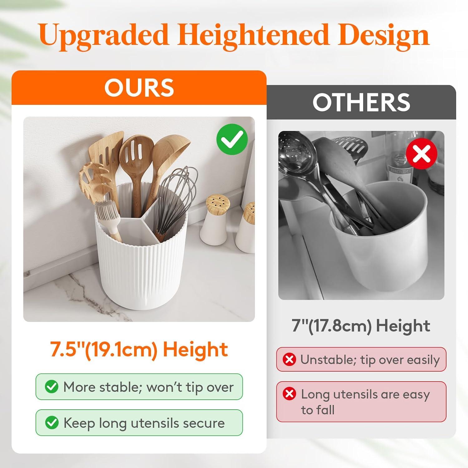 imageLifewit 75quot Plastic Utensil Holder for Kitchen Counter Cooking Silverware Caddy with NonSlip Rotating Base 3 Compartment Spoon Spatula Cutlery Flatware Organizer with Dry Draining White 1 PackWhite