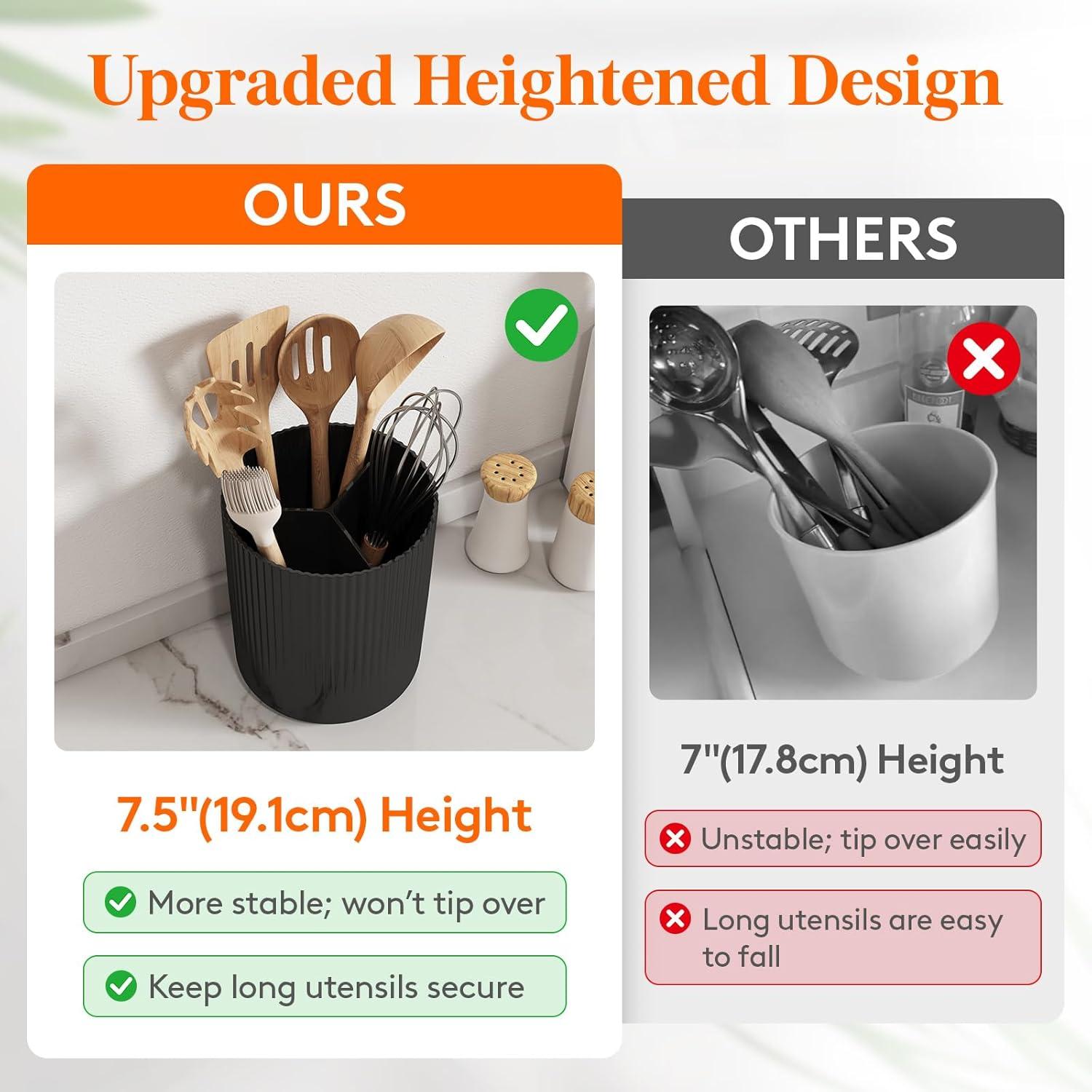 imageLifewit 75quot Plastic Utensil Holder for Kitchen Counter Cooking Silverware Caddy with NonSlip Rotating Base 3 Compartment Spoon Spatula Cutlery Flatware Organizer with Dry Draining White 1 PackBlack