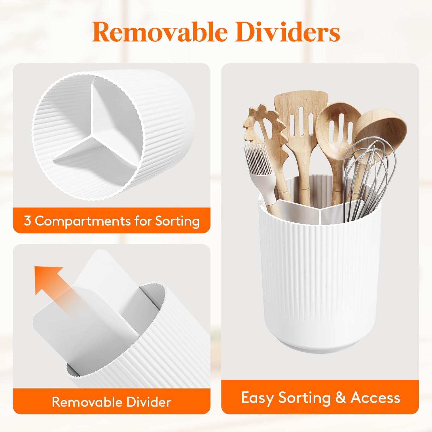 imageLifewit 75quot Plastic Utensil Holder for Kitchen Counter Cooking Silverware Caddy with NonSlip Rotating Base 3 Compartment Spoon Spatula Cutlery Flatware Organizer with Dry Draining White 1 PackWhite