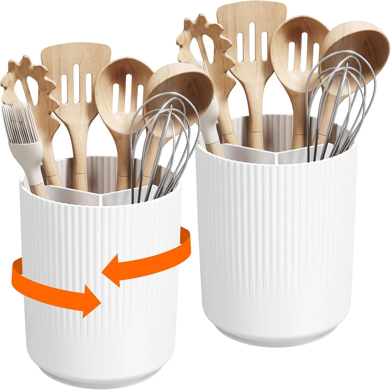 imageLifewit 75quot Plastic Utensil Holder for Kitchen Counter Cooking Silverware Caddy with NonSlip Rotating Base 3 Compartment Spoon Spatula Cutlery Flatware Organizer with Dry Draining White 1 PackWhite