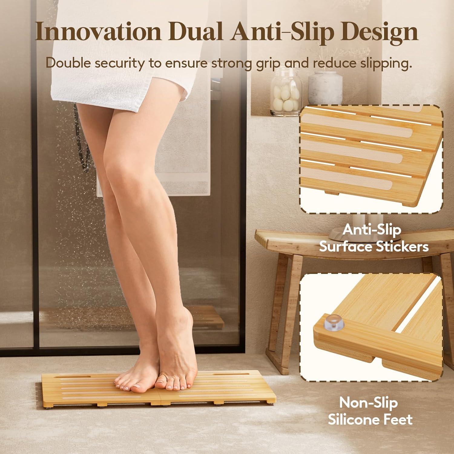 imageLifewit Bamboo Bath Mat for Non Slip 1 Pcs 21x142 inches Foldable Wooden Shower Mat Waterproof Bamboo Floor Mat for Bathroom Sauna Spa Pool Indoor Outdoor Use WoodWood