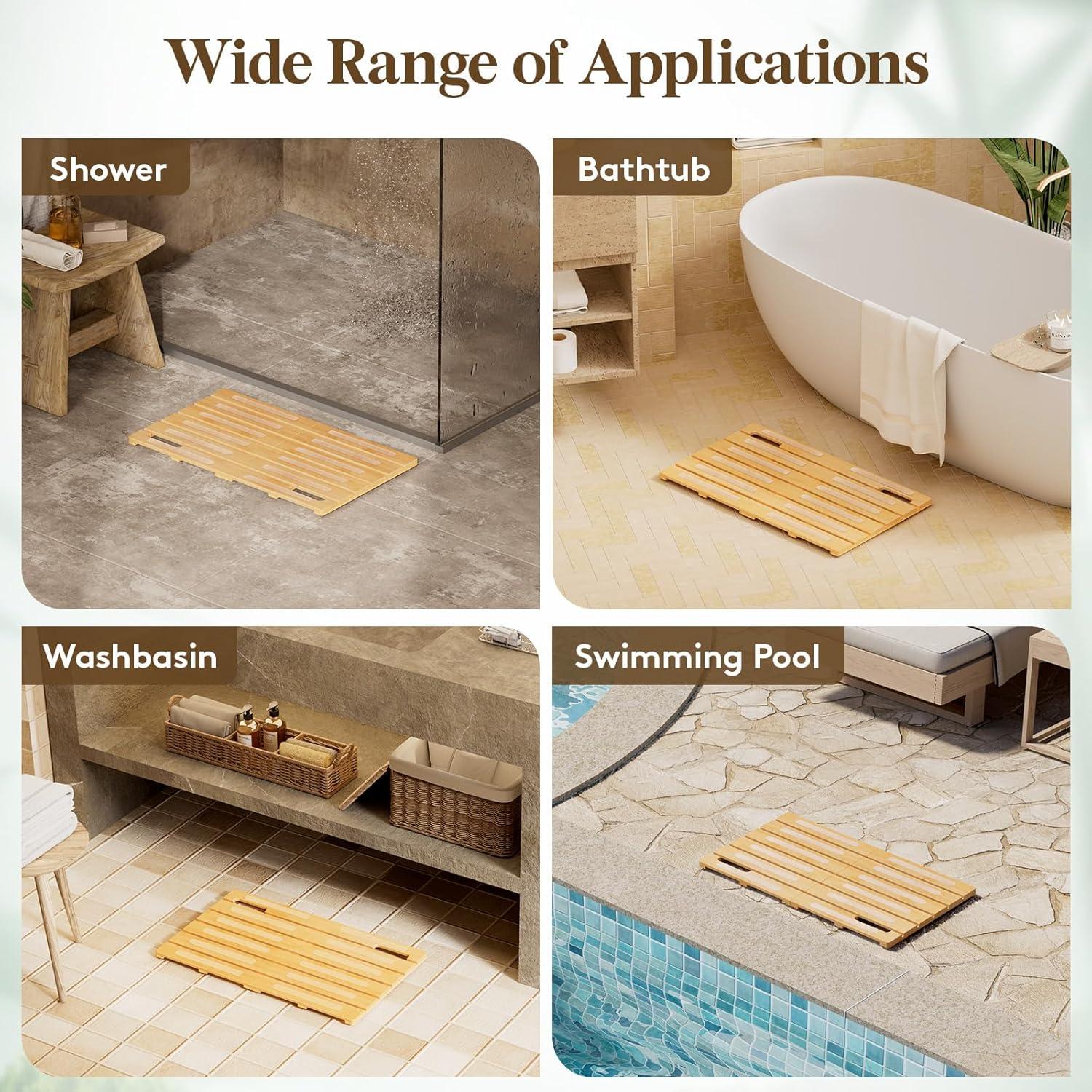 imageLifewit Bamboo Bath Mat for Non Slip 1 Pcs 21x142 inches Foldable Wooden Shower Mat Waterproof Bamboo Floor Mat for Bathroom Sauna Spa Pool Indoor Outdoor Use WoodWood