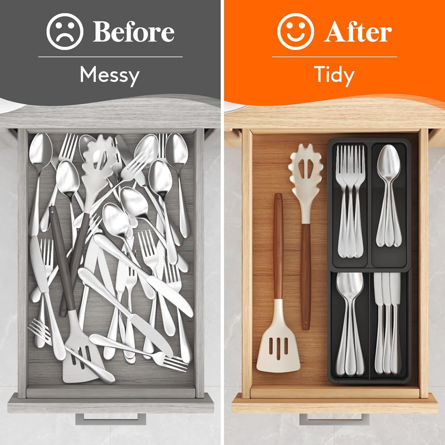 imageLifewit Compact Silverware Organizer for Kitchen Drawer Narrow Flatware Tray Holder Plastic Cutlery Spoons Forks and Knives Storage WhiteampampGray 1 PackBlack