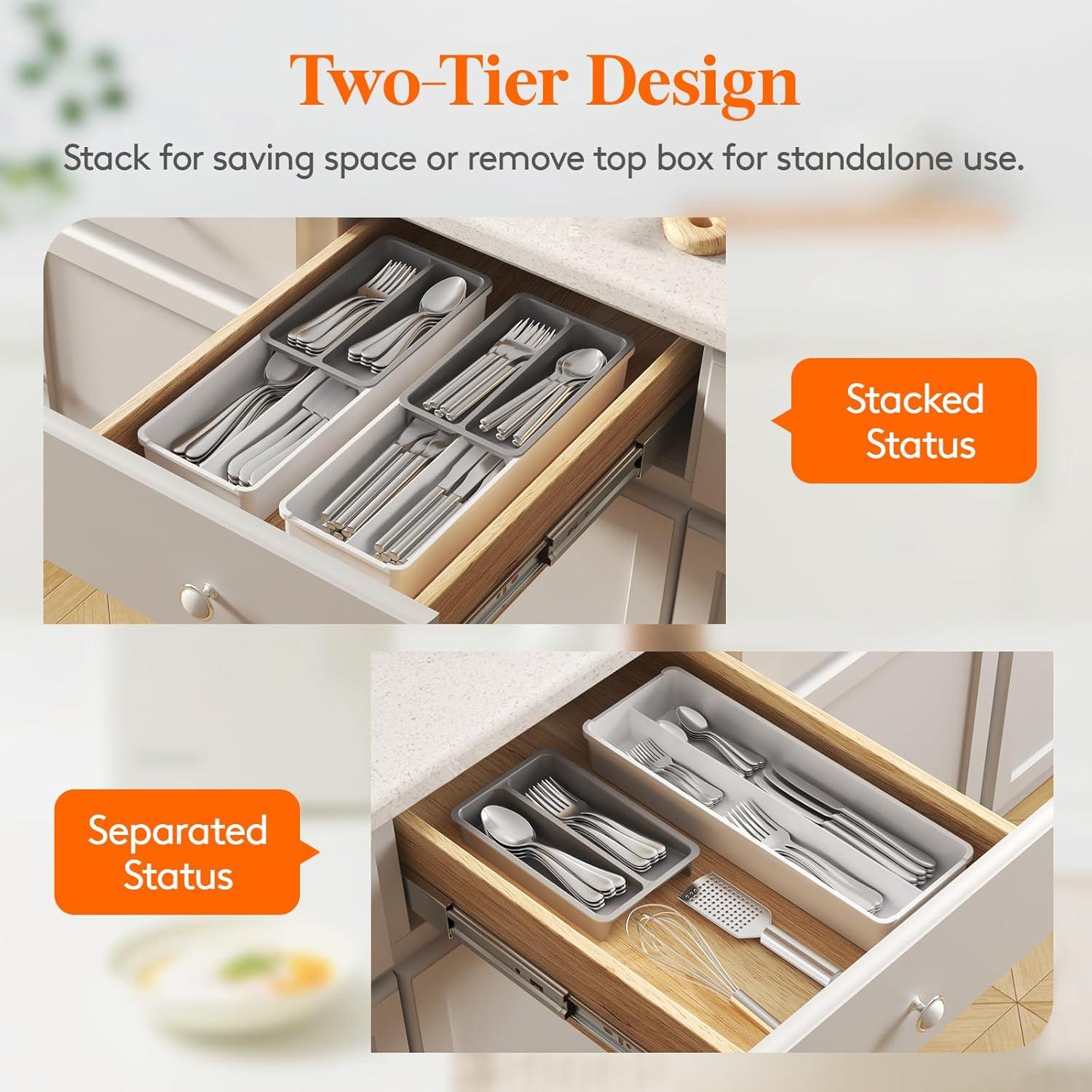 imageLifewit Compact Silverware Organizer for Kitchen Drawer Narrow Flatware Tray Holder Plastic Cutlery Spoons Forks and Knives Storage WhiteampampGray 1 PackGrayWhite
