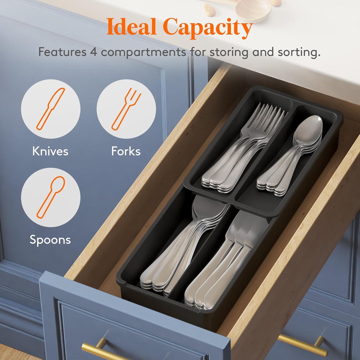 imageLifewit Compact Silverware Organizer for Kitchen Drawer Narrow Flatware Tray Holder Plastic Cutlery Spoons Forks and Knives Storage WhiteampampGray 1 PackBlack