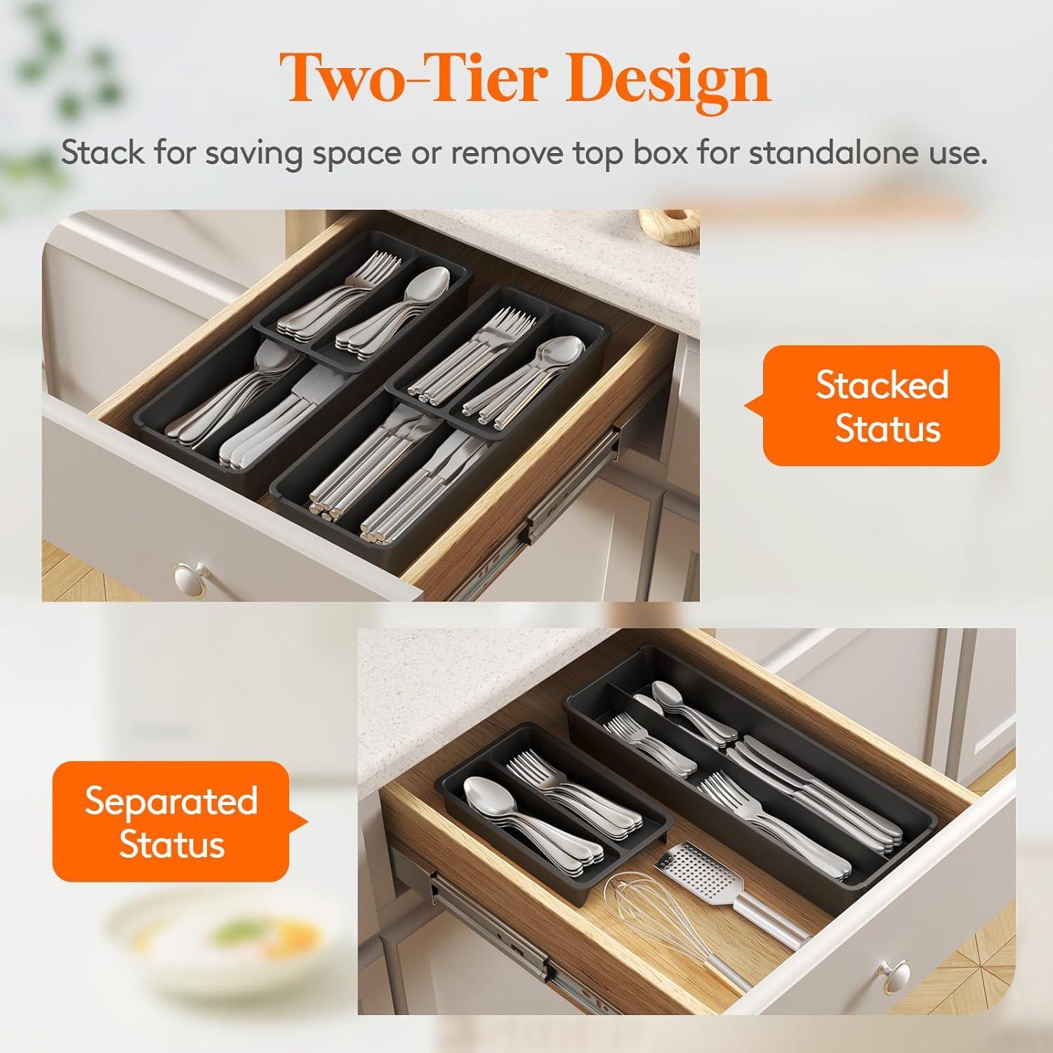 imageLifewit Compact Silverware Organizer for Kitchen Drawer Narrow Flatware Tray Holder Plastic Cutlery Spoons Forks and Knives Storage WhiteampampGray 1 PackBlack